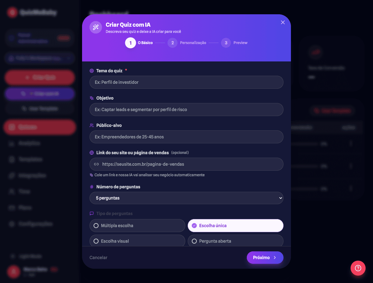 Crie seu quiz com IA em segundos